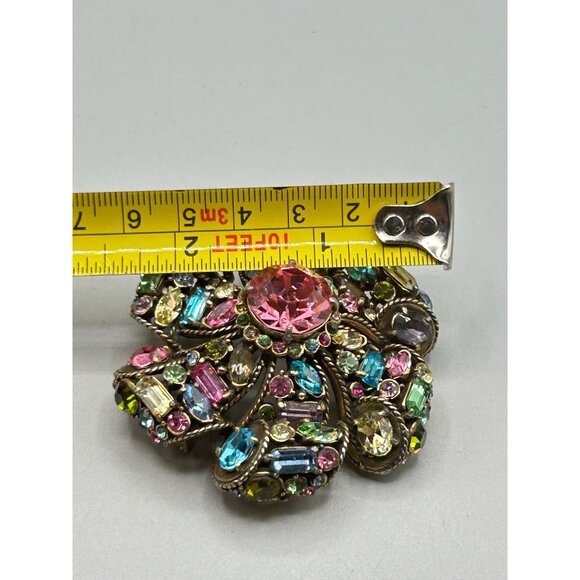 Vtg Hollycraft Pin Brooch Flower Glowing Green Stones Pink Pastels Rhinestones - Picture 8 of 8